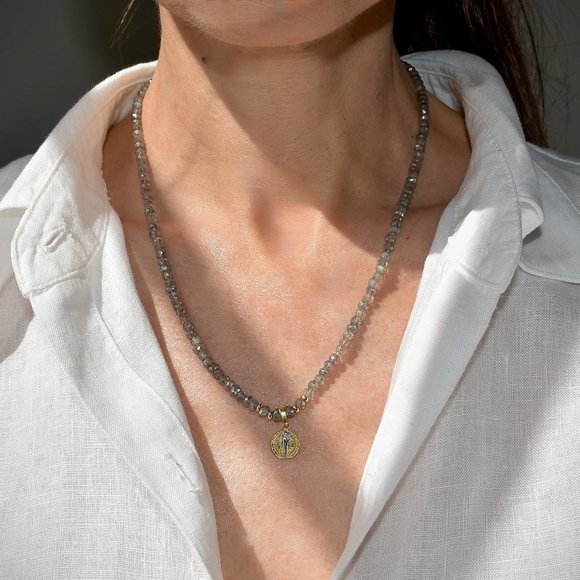14k Gold Saint Benedict Medal & Labradorite Stone Knotted Necklace - Picture 6 of 8